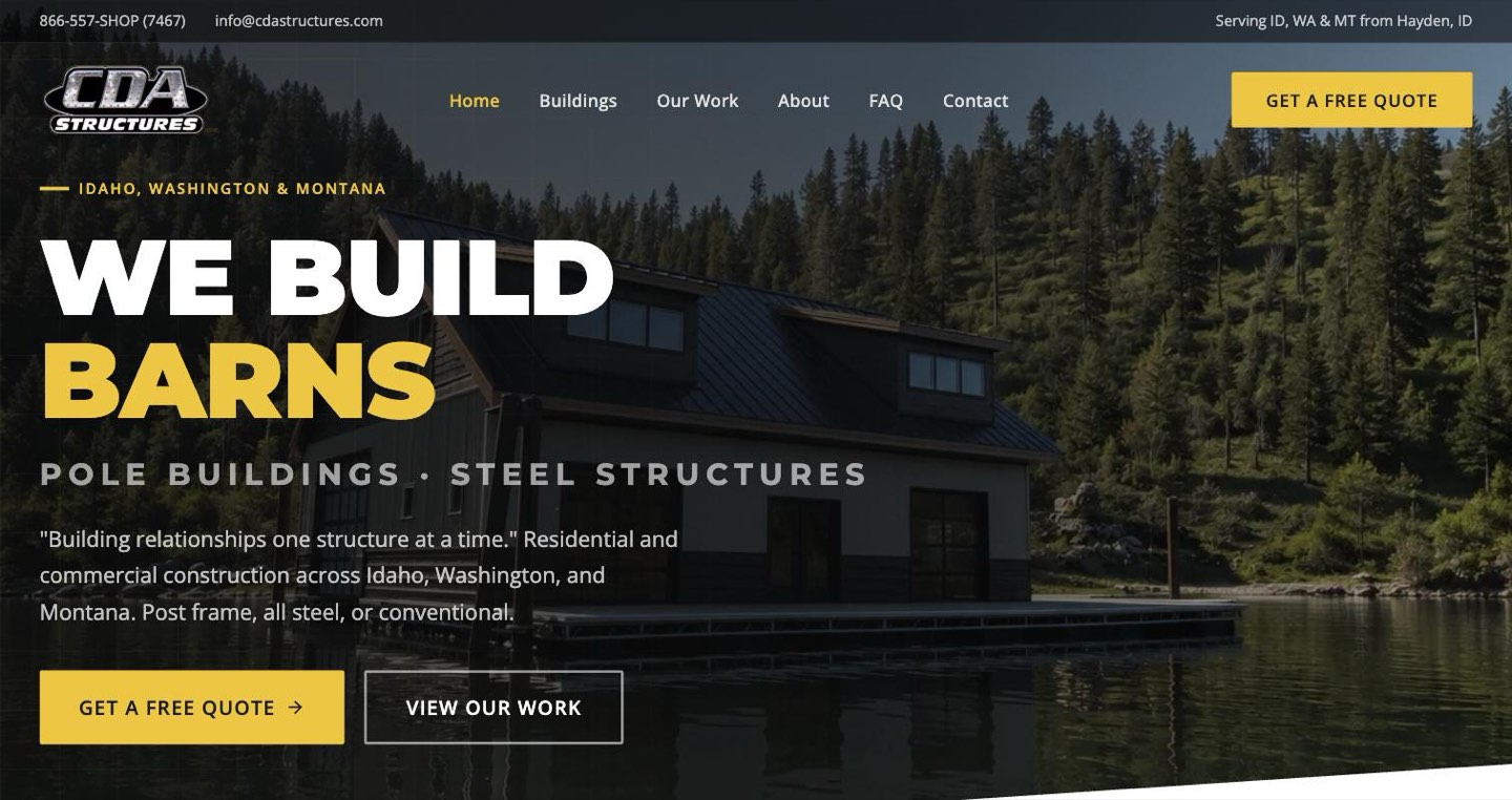 CDA Structures homepage: pole buildings, shops, garages, and steel structures across Idaho, Washington, and Montana.