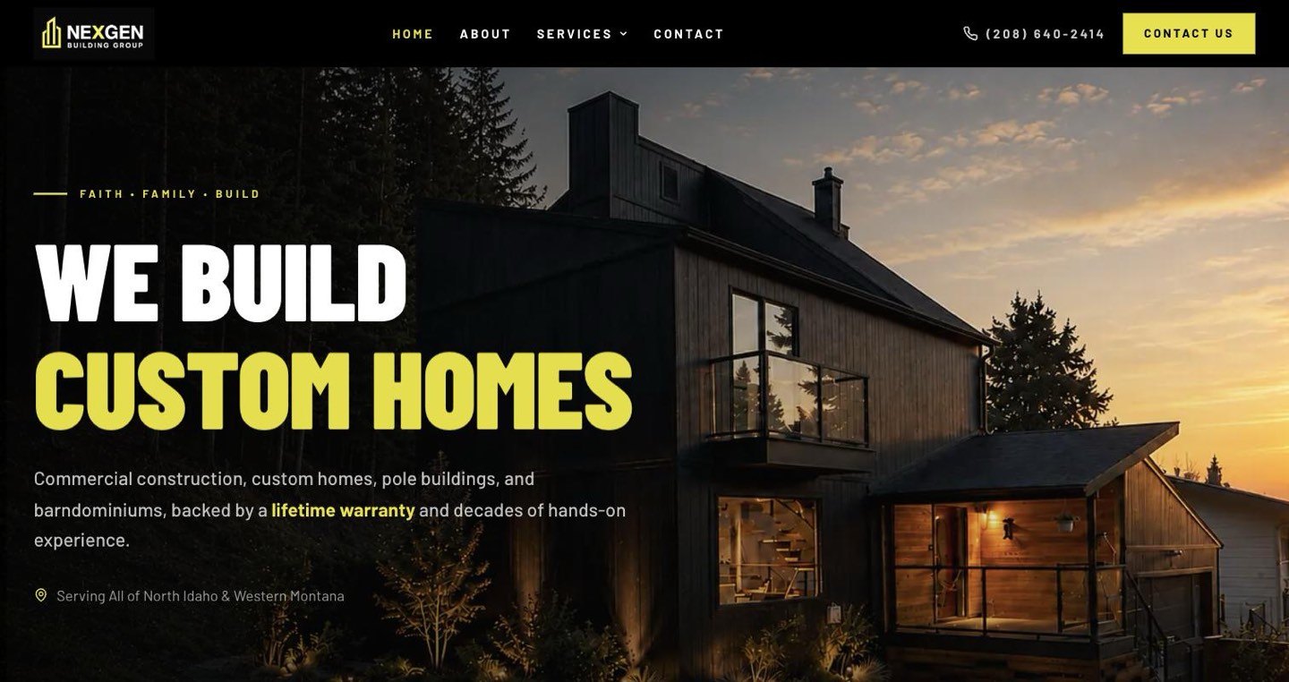 NEXGEN Building Group homepage: custom homes, commercial construction, and pole buildings across North Idaho.